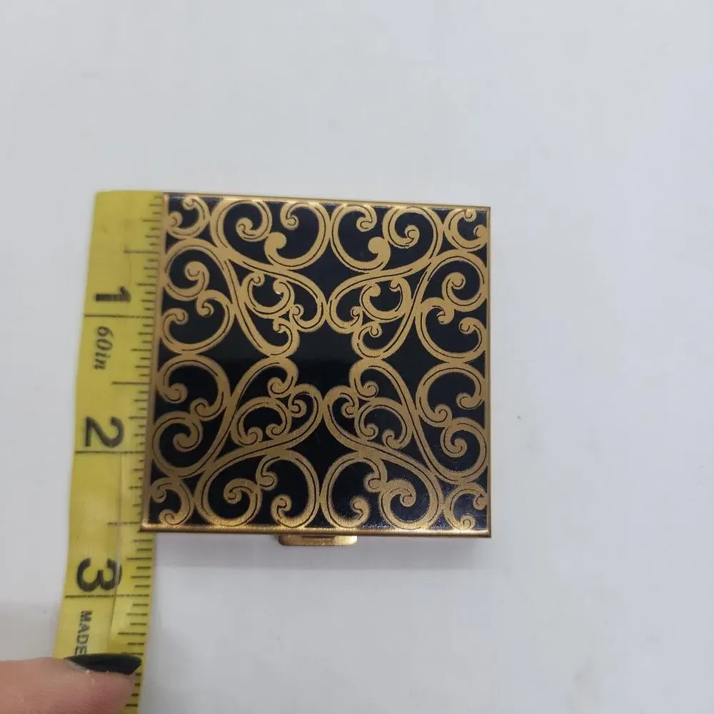 Vintage Volupte Black Gold Scroll Powder Compact Mirror Puff Unused Orig Card